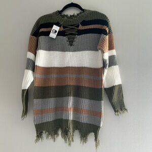 Daytrip Buckle Lace-Up Distressed Striped Knit Sweater Women’s XS Boho